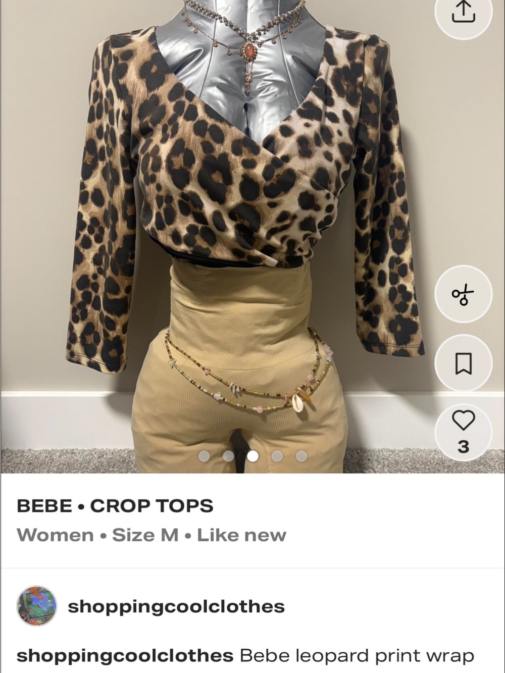 Bebe Leopard Print Wrap Front Crop Quarter Sleeve Top with Zipper Back